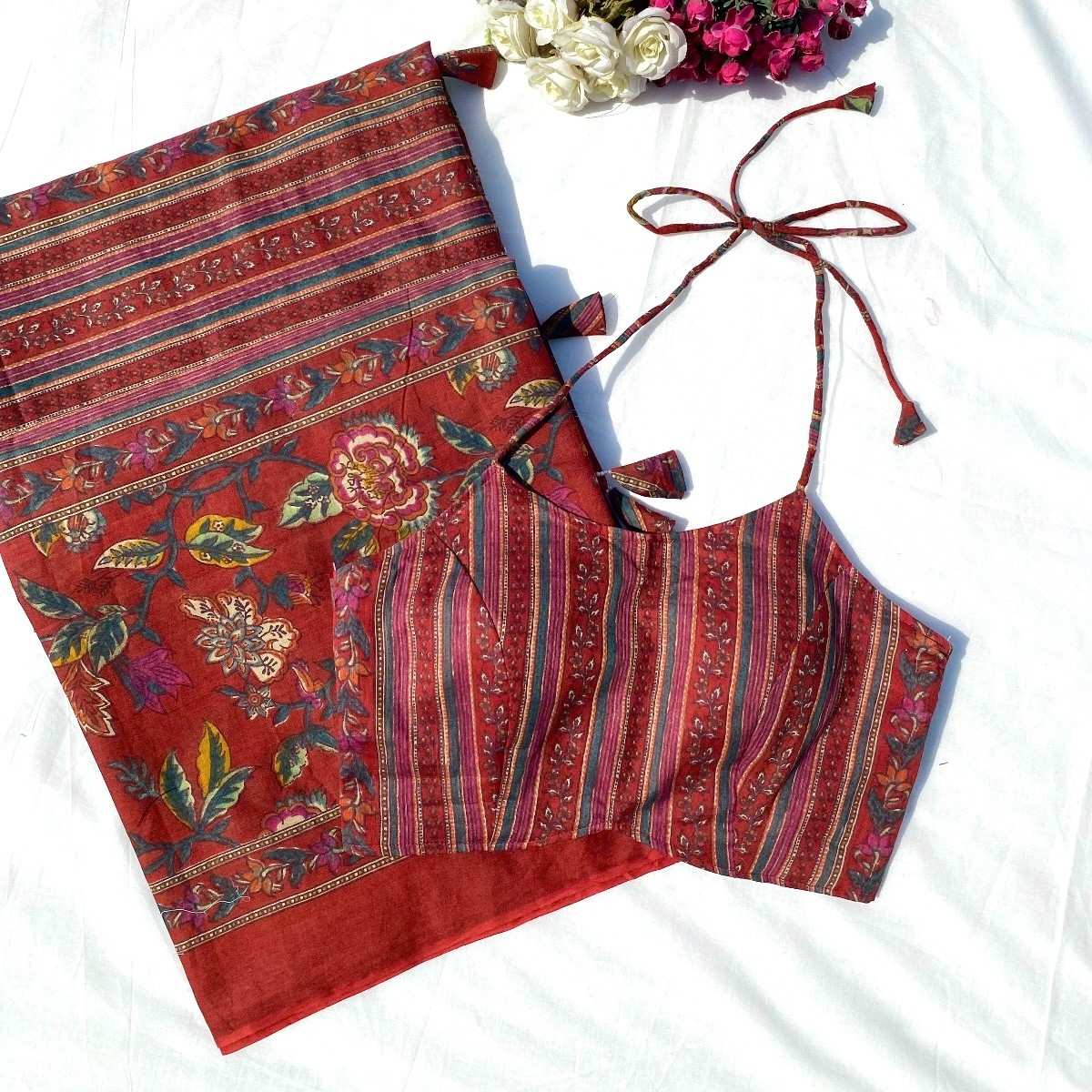 Maroon Stripe Floral Pure Mulmul Saree and Blouse
