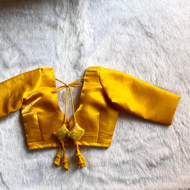 Yellow Deep V Neck With Heavy Tassels Raw Silk Blouse