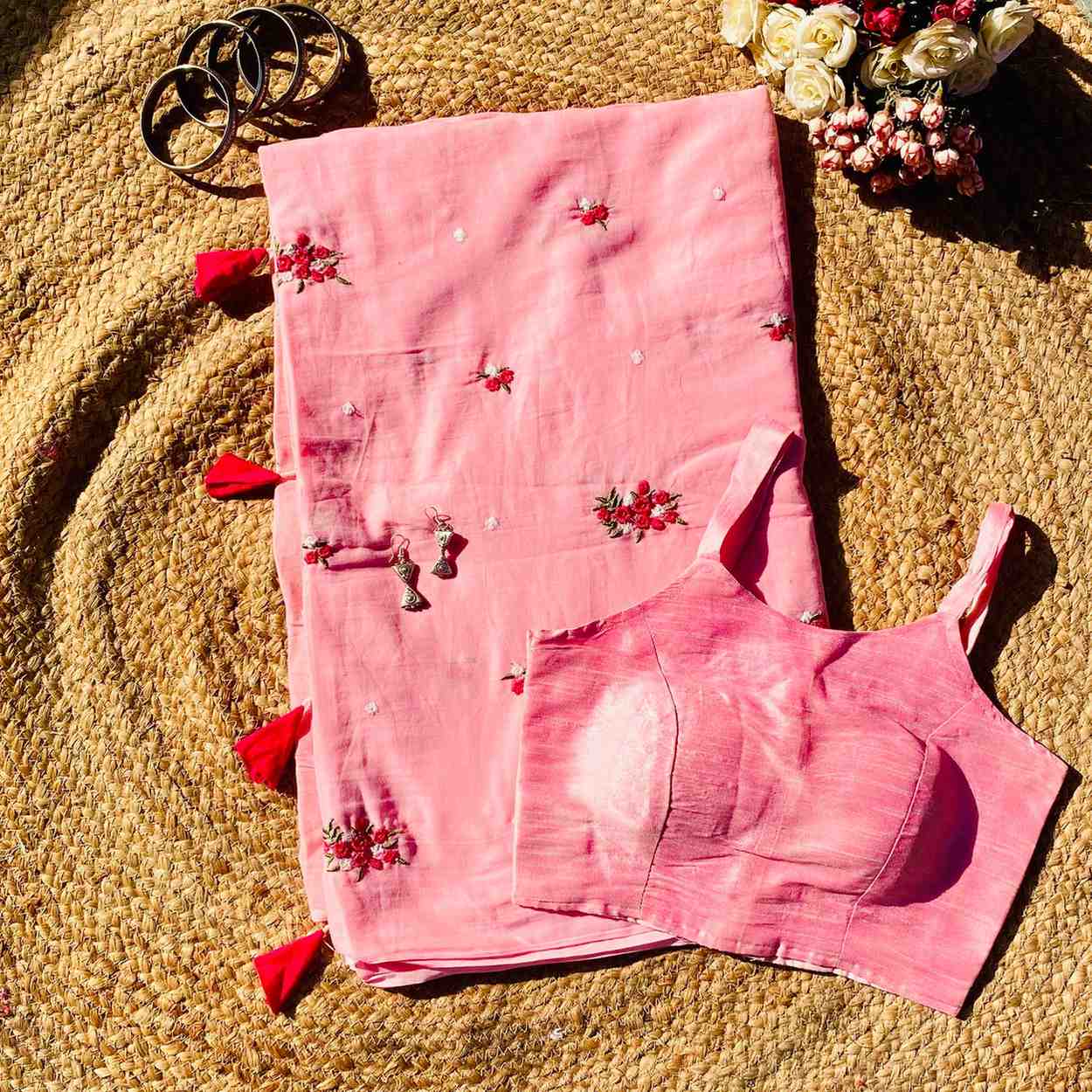 Pink Floral Embroidery Pure Mulmul Saree and Baby Pink Blouse