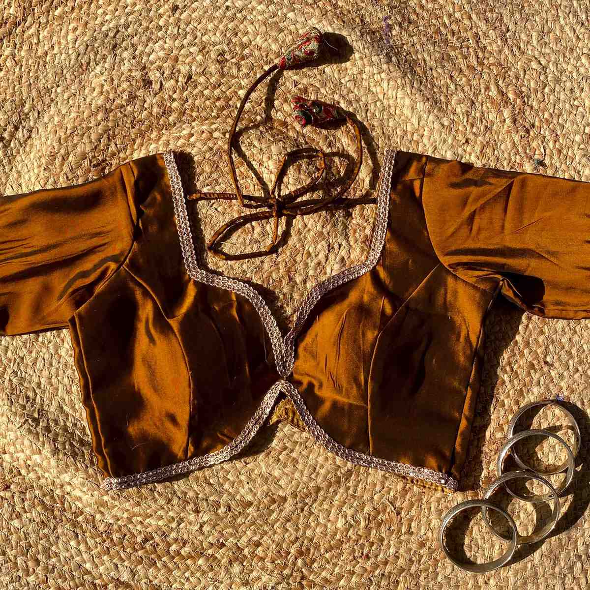 Metallic Brown Deep V Neck Silk Border Sleeves Blouse- Fal3350