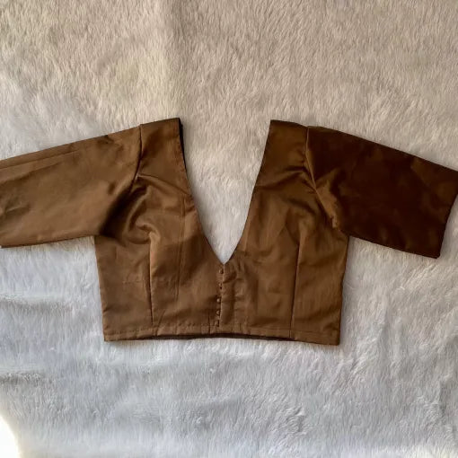 Brown Deep V Neck Plain Raw Silk Blouse