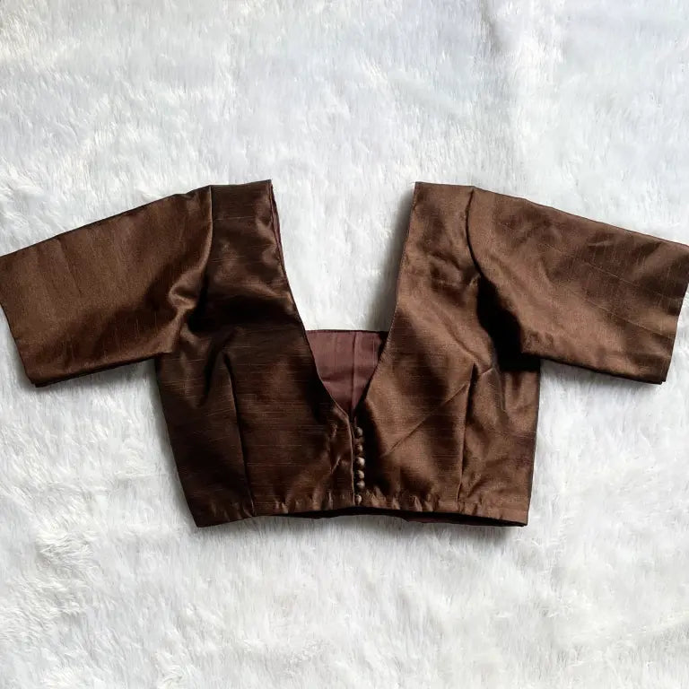 Brown Square Neck Raw Silk Elbow Sleeves Blouse 