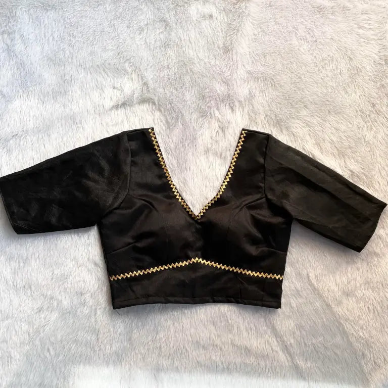 Black V Neck Back Potli Button Plain Raw Silk Blouse