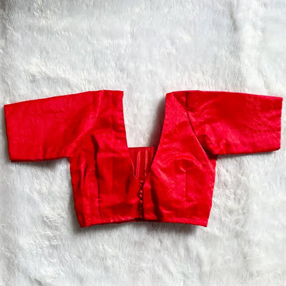 Red Square Neck Raw Silk Elbow Sleeves Blouse 