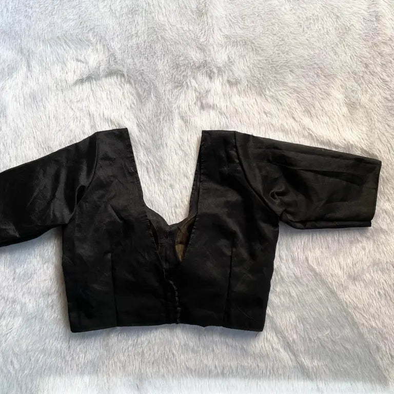 Black V Neck Back Potli Button Plain Raw Silk Blouse