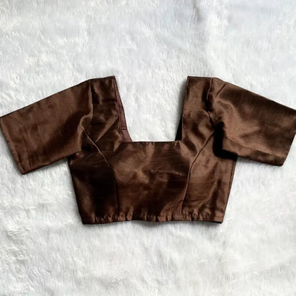 Brown Square Neck Raw Silk Elbow Sleeves Blouse 