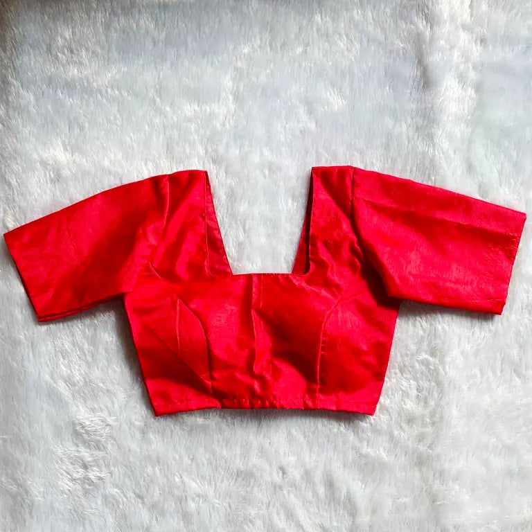 Red Square Neck Raw Silk Elbow Sleeves Blouse 