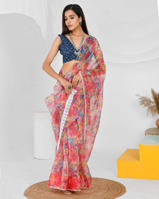 Multicolor Organza Saree With Blue Motif Blouse 