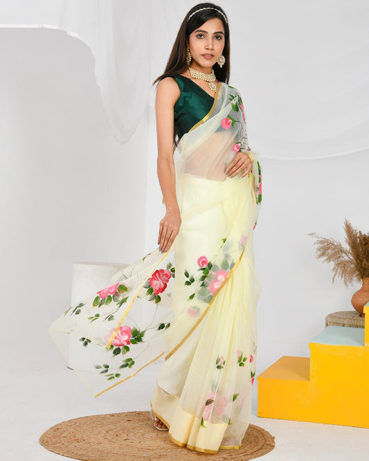 Hand Painted Organza Saree With Bottle Green Blouse