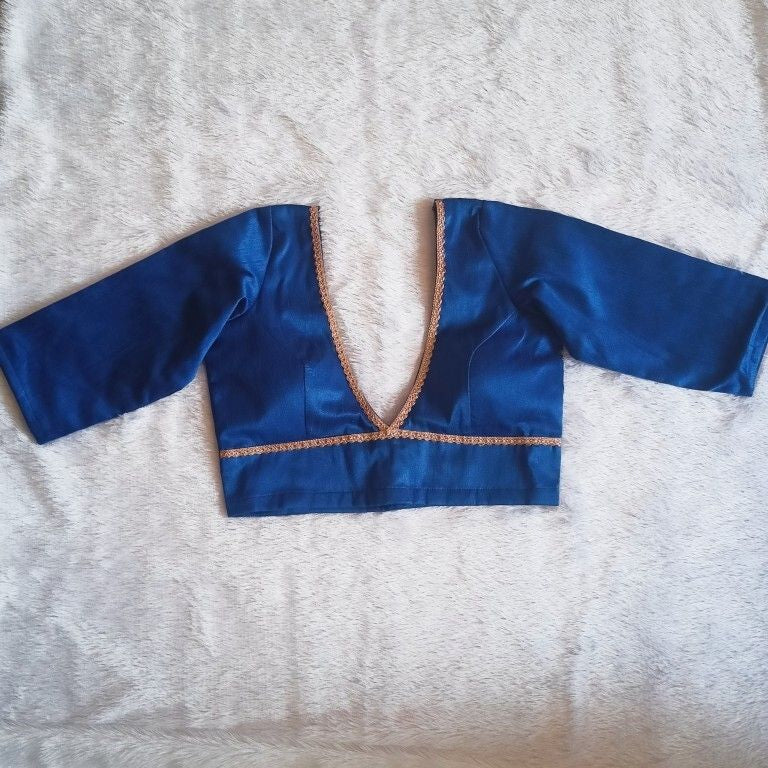 Royal Blue Deep V Neck and Back Potli Button Plain Raw Silk Blouse 
