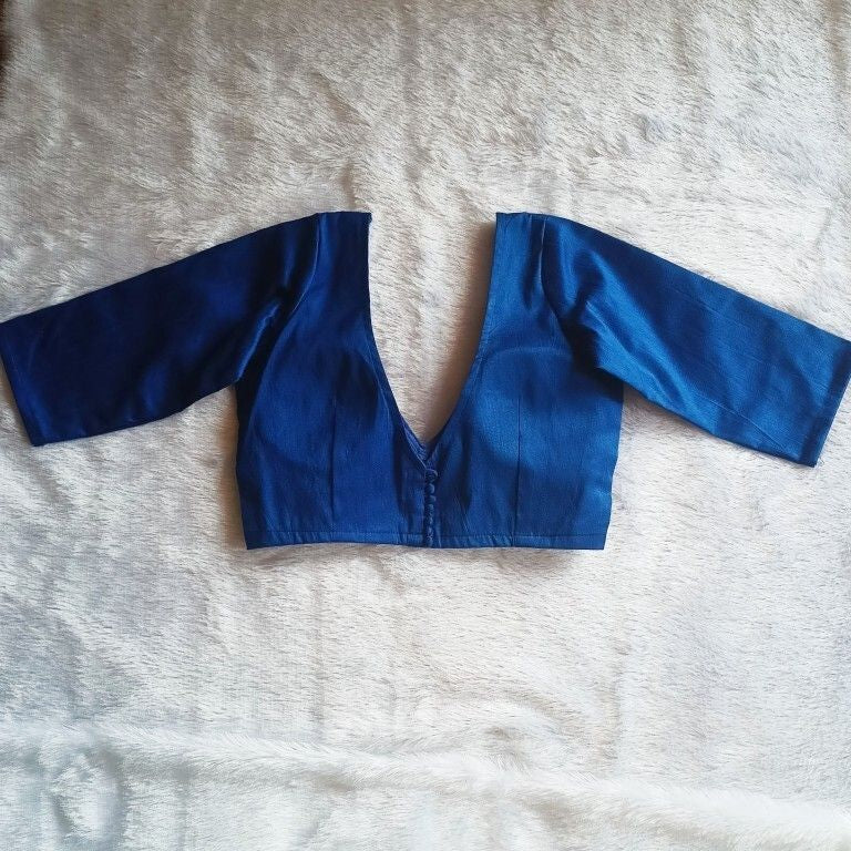 Royal Blue Deep V Neck and Back Potli Button Plain Raw Silk Blouse 