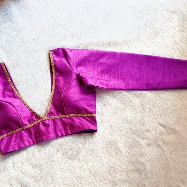 Lavender Deep V Neck and Back Potli Button Full Sleeves Plain Raw Silk Blouse