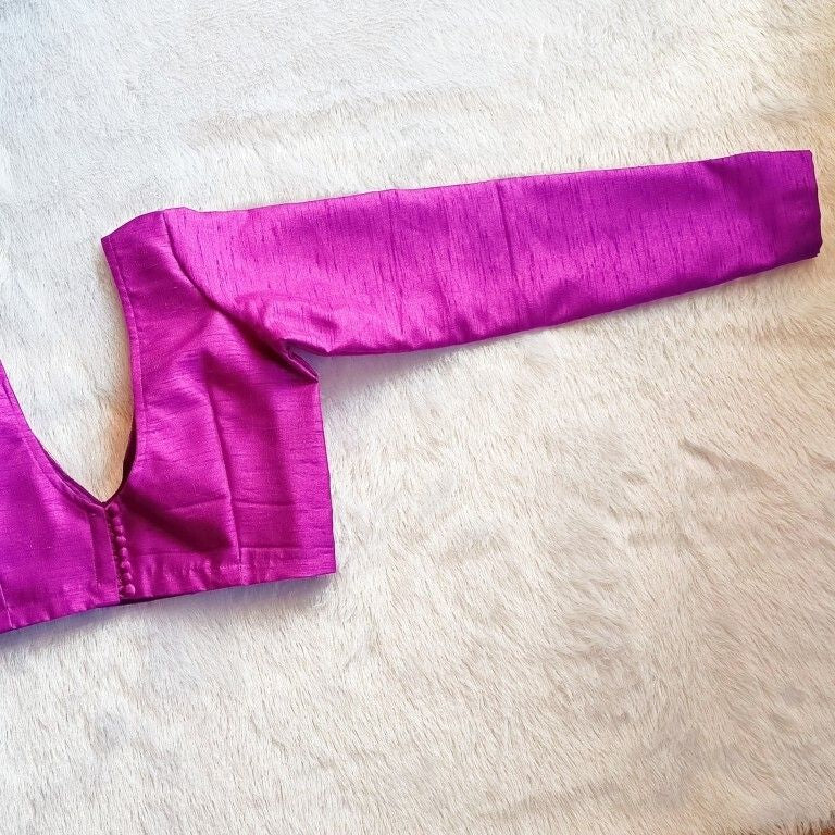 Lavender Deep V Neck and Back Potli Button Full Sleeves Plain Raw Silk Blouse