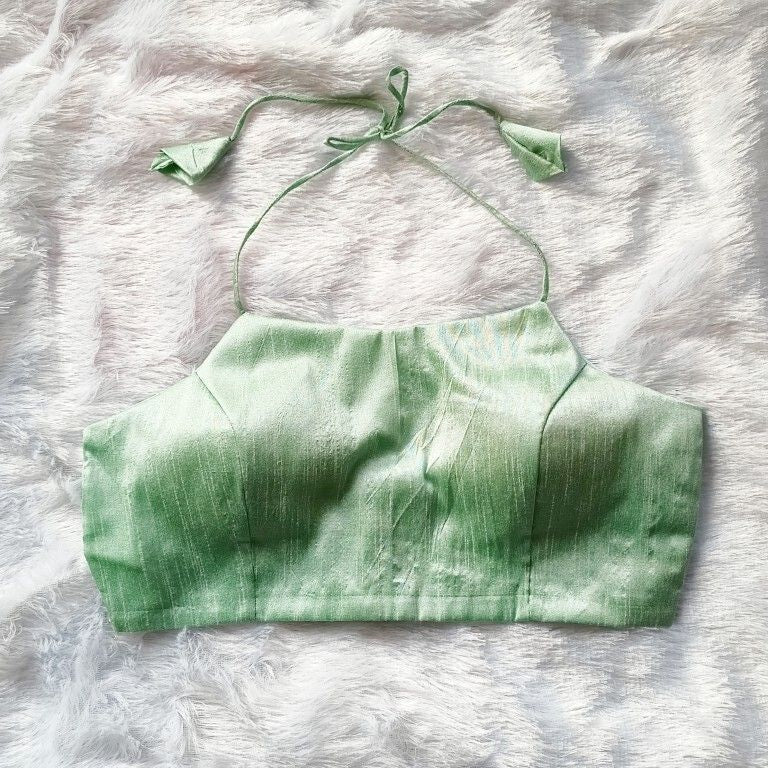 Pastel Green Halter Neck Plain Raw Silk Blouse