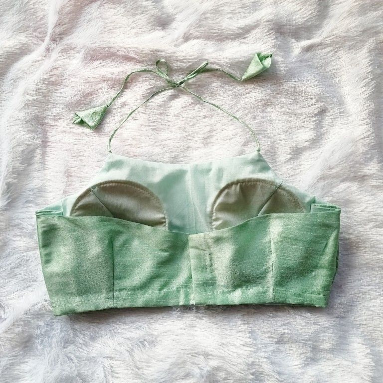 Pastel Green Halter Neck Plain Raw Silk Blouse
