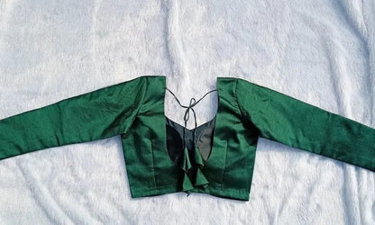 Bottle Green Tukki Full Sleeves Plain Raw Silk Blouse