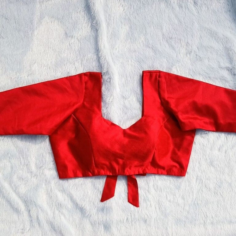 Red Back Knot Full Sleeves Plain Raw Silk Blouse