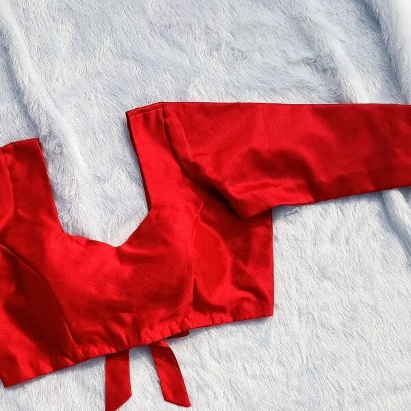 Red Back Knot Full Sleeves Plain Raw Silk Blouse
