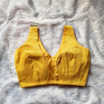 Yellow V Neck Plain Raw Silk Blouse