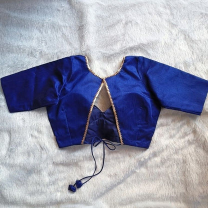 Royal Blue Deep V Neck and Back V Knot Plain Raw Silk Blouse