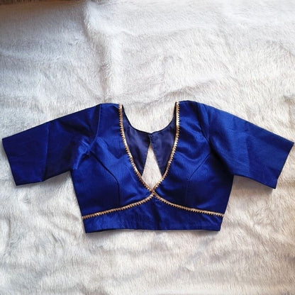 Royal Blue Deep V Neck and Back V Knot Plain Raw Silk Blouse