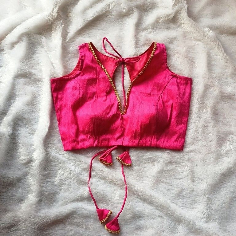 Pink V Neck and Back Knot V Plain Raw Silk Blouse