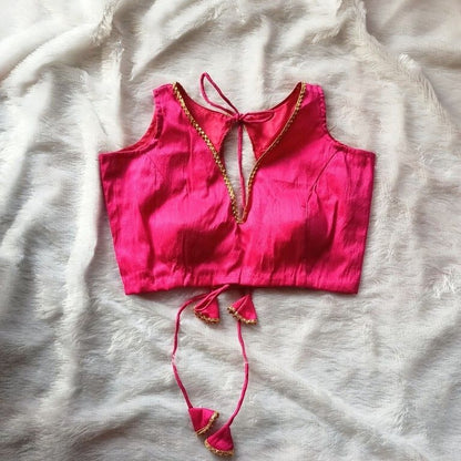 Pink V Neck and Back Knot V Plain Raw Silk Blouse