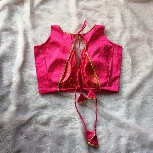 Pink V Neck and Back Knot V Plain Raw Silk Blouse
