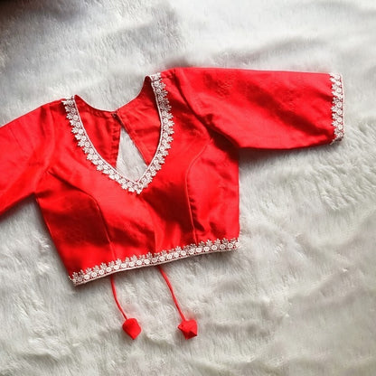 Red Chikan Lace V Neck and Back Knot Raw Silk Blouse