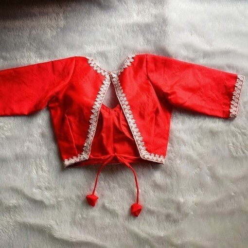 Red Chikan Lace V Neck and Back Knot Raw Silk Blouse
