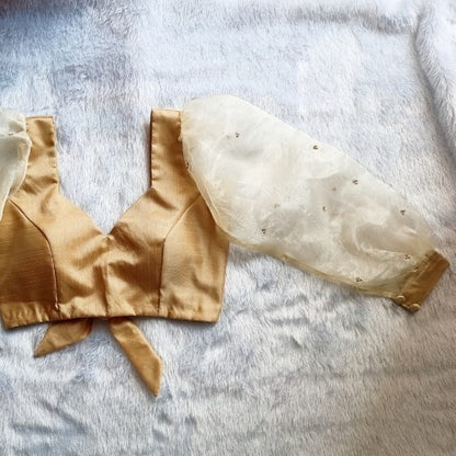 Golden Raw Silk Organza Sequin Puff Sleeves Blouse