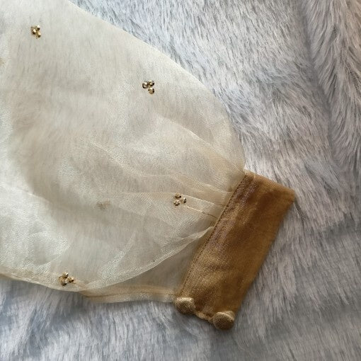 Golden Raw Silk Organza Sequin Puff Sleeves Blouse