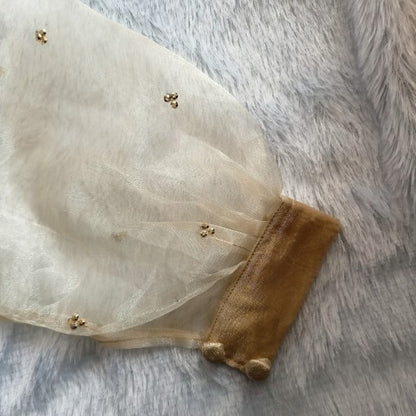 Golden Raw Silk Organza Sequin Puff Sleeves Blouse