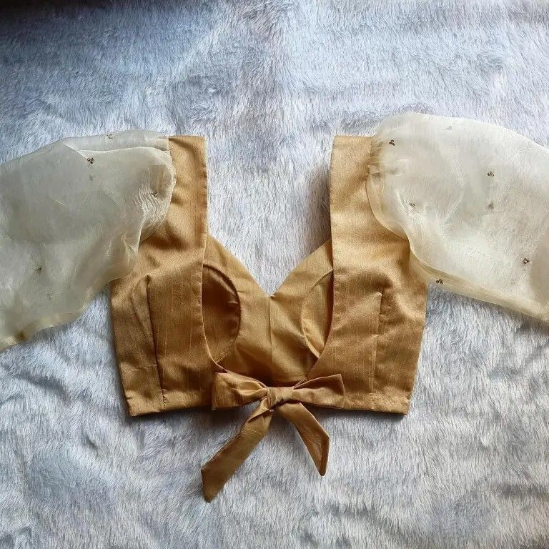 Golden Raw Silk Organza Sequin Puff Sleeves Blouse