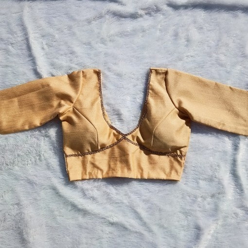 Cream Deep V Neck and Back Potli Button Plain Raw Silk Blouse