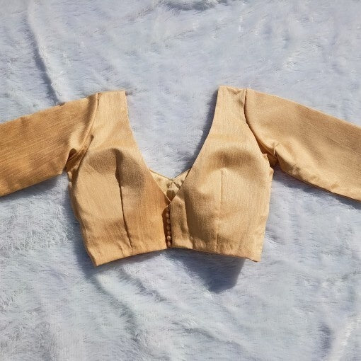 Cream Deep V Neck and Back Potli Button Plain Raw Silk Blouse