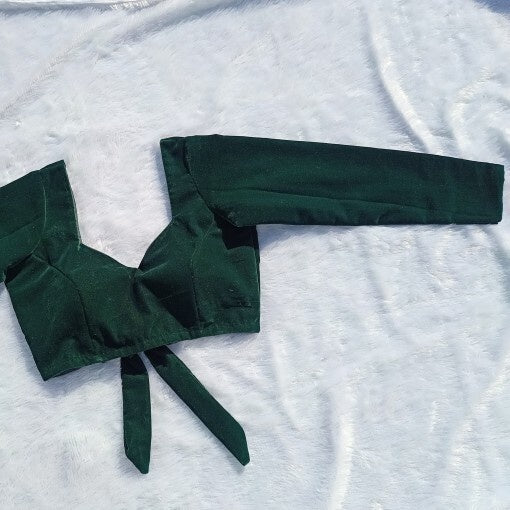 Bottle Green Back Knot Full Sleeves Plain Velvet Blouse