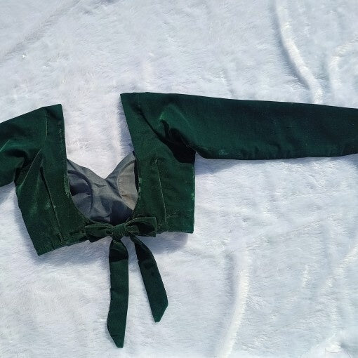 Bottle Green Back Knot Full Sleeves Plain Velvet Blouse
