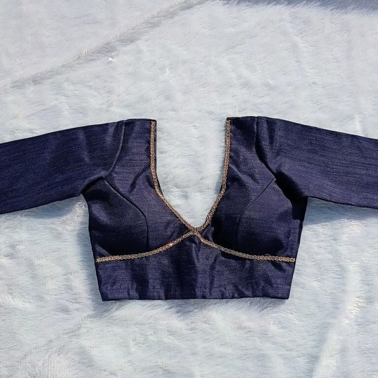 Navy Blue Deep V Neck and Back Potli Button Plain Raw Silk Blouse