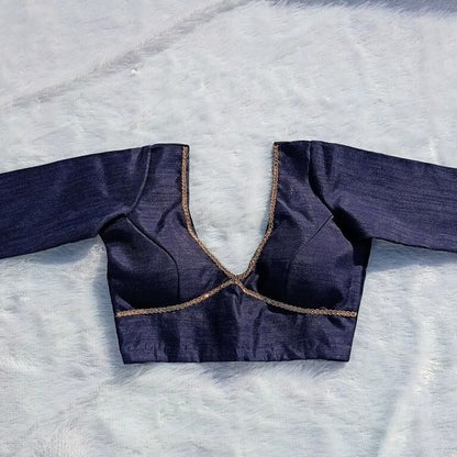 Navy Blue Deep V Neck and Back Potli Button Plain Raw Silk Blouse