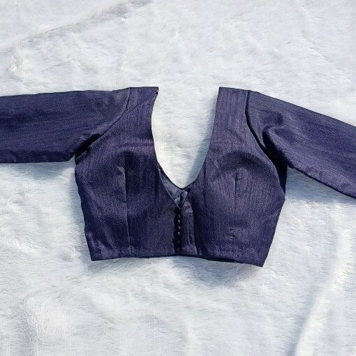 Navy Blue Deep V Neck and Back Potli Button Plain Raw Silk Blouse
