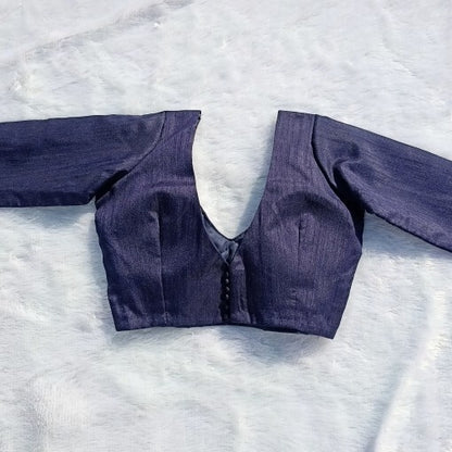 Navy Blue Deep V Neck and Back Potli Button Plain Raw Silk Blouse