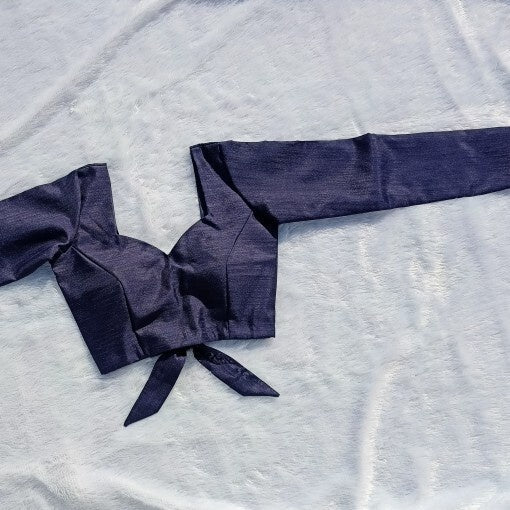 Navy Blue Back Knot Full Sleeves Plain Raw Silk Blouse