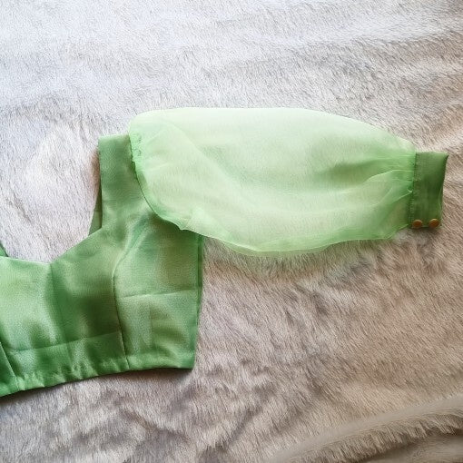 Light Green Raw Silk Organza Puff Sleeves Blouse