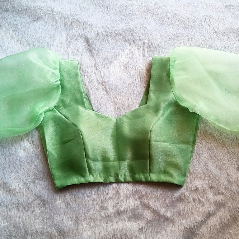 Light Green Raw Silk Organza Puff Sleeves Blouse