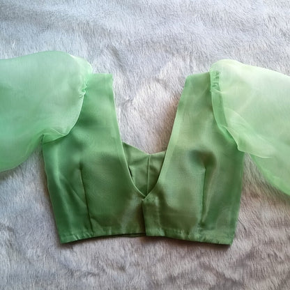 Light Green Raw Silk Organza Puff Sleeves Blouse