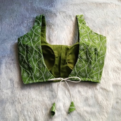 Olive Green Chikan Embroidery Cotton Blouse