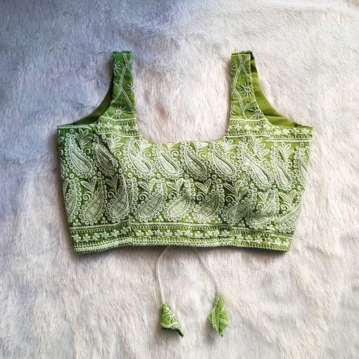 Olive Green Chikan Embroidery Cotton Blouse