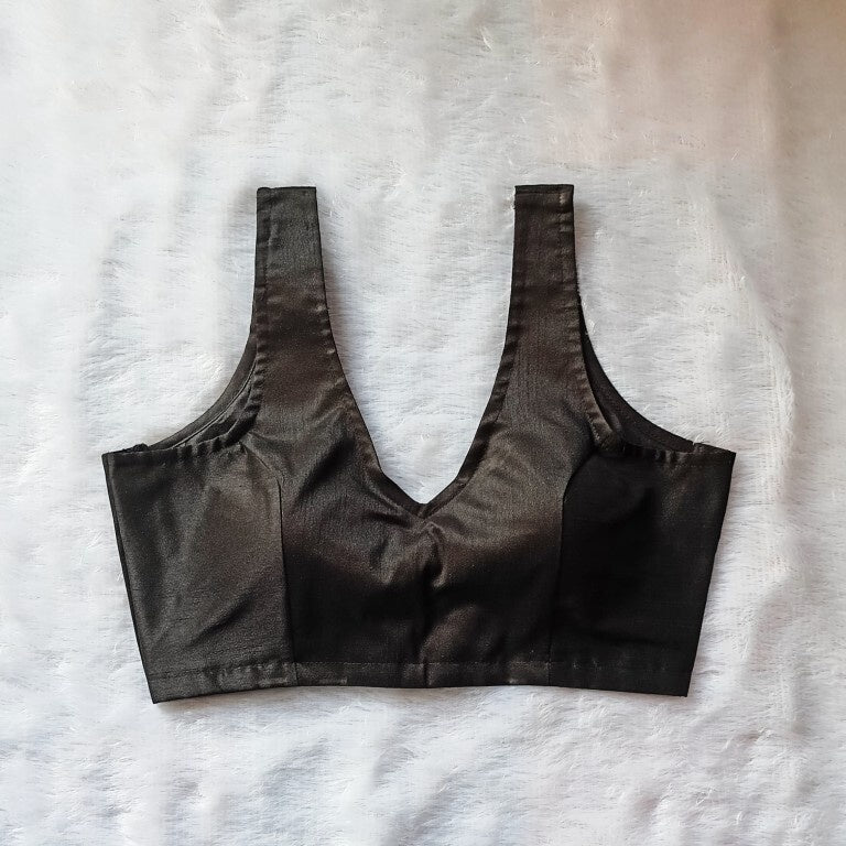 Black V Neck Plain Raw Silk Blouse