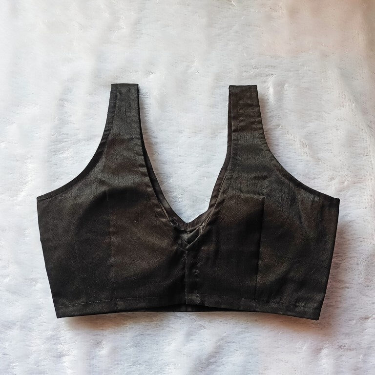 Black V Neck Plain Raw Silk Blouse